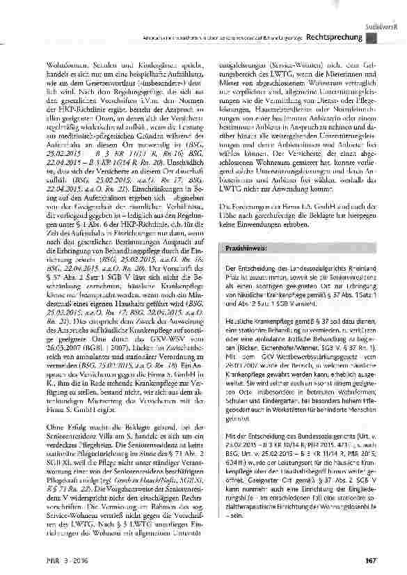 Vorschauseite 5: Anspruch eines Versicherten in einer Seniorenresidenz auf Behandlungspflege
