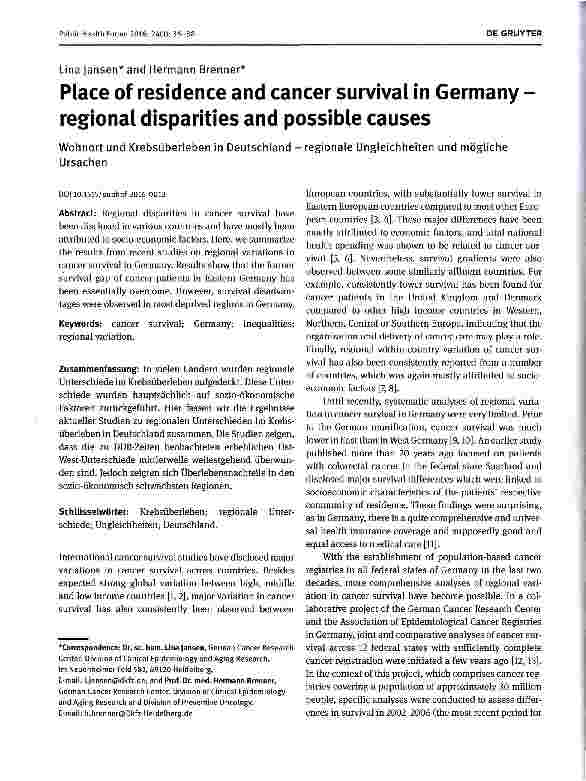 Vorschauseite 1: Place of residence and cancer survival in Germany -regional disparities and possible causes
