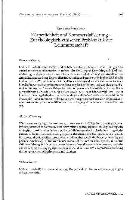 Vorschauseite 1: Körperlichkeit und Kommerzialisierung Zur theologisch-ethischen Problematik der Leihmutterschaft