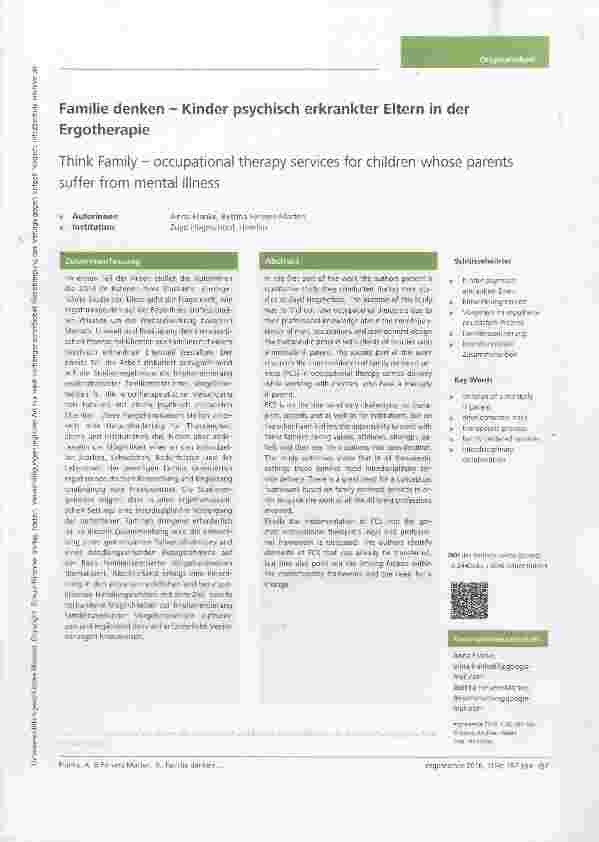 Vorschauseite 1: Familie denken Kinder psychisch erkrankter Eltern in der Ergotherapie