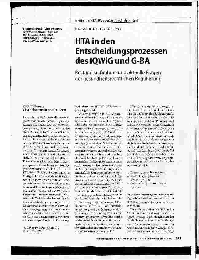 Vorschauseite 1: HTA in den Entscheidungsprozessen des IQWiG und G-BA