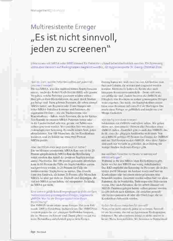 Vorschauseite 1: Multiresistente Erreger„Es ist nicht sinnvoll, jeden zu screenen