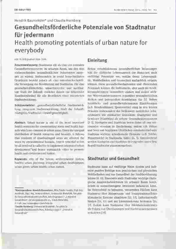 Vorschauseite 1: Gesundheitsförderliche Potenziale von Stadtnatur für jedermann