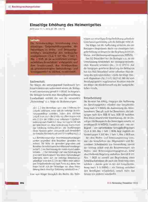 Vorschauseite 1: Einseitige Erhöhung des Heimentgeltes