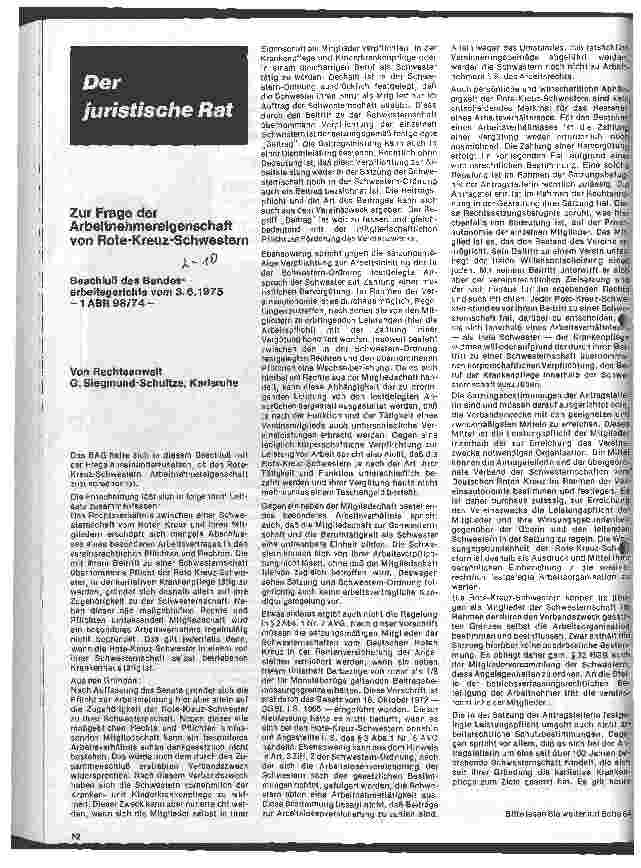 Vorschauseite 1: Zur Frage der Arbeitnehmereigenschaft von Rote-Kreuz-Schwestern Beschluß des Bundesarbeitsgerichts vom 3.6.1975 -1ABR 98/74-