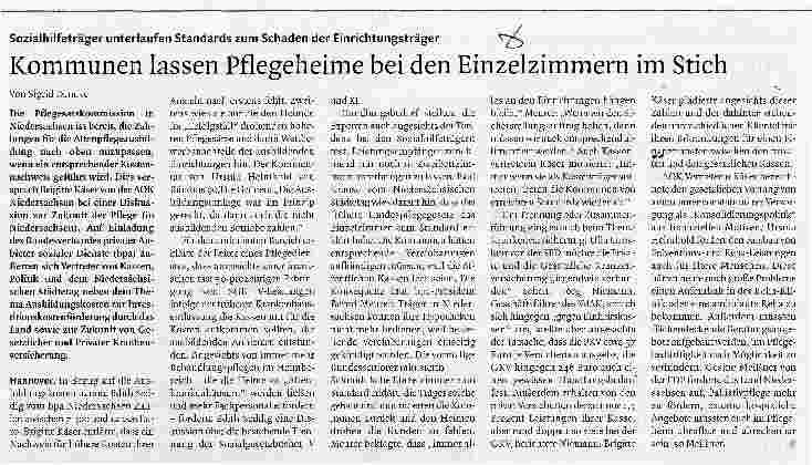 Vorschauseite 1: Kommunen lassen Pflegeheime bei den Einzelzimmern im Stich