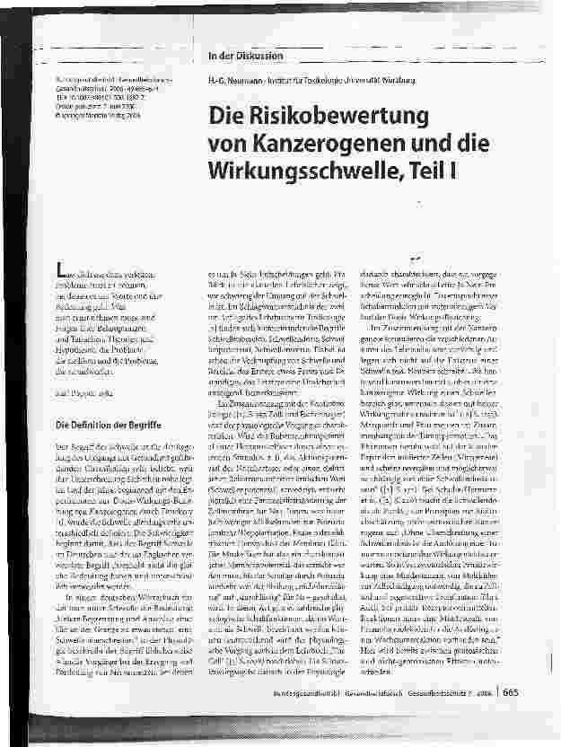 Vorschauseite 1: Die Risikobewertung von Kanzerogenen und die Wirkungsschwelle, Teil I