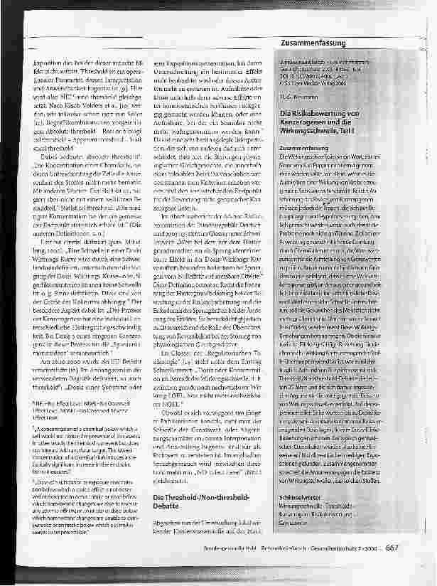 Vorschauseite 3: Die Risikobewertung von Kanzerogenen und die Wirkungsschwelle, Teil I