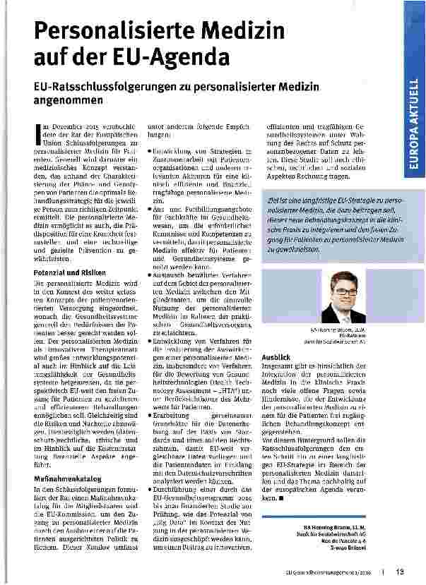Vorschauseite 1: Personalisierte Medizin auf der EU-Agenda