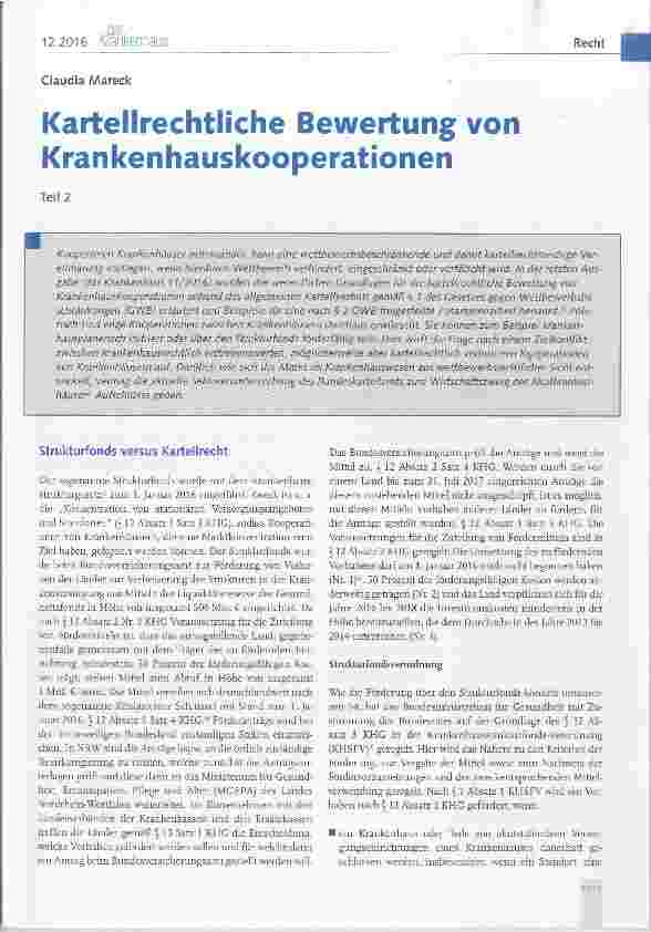 Vorschauseite 1: Kaitellrechtliche Bewertung von Krankenhauskooperationen Teil 2
