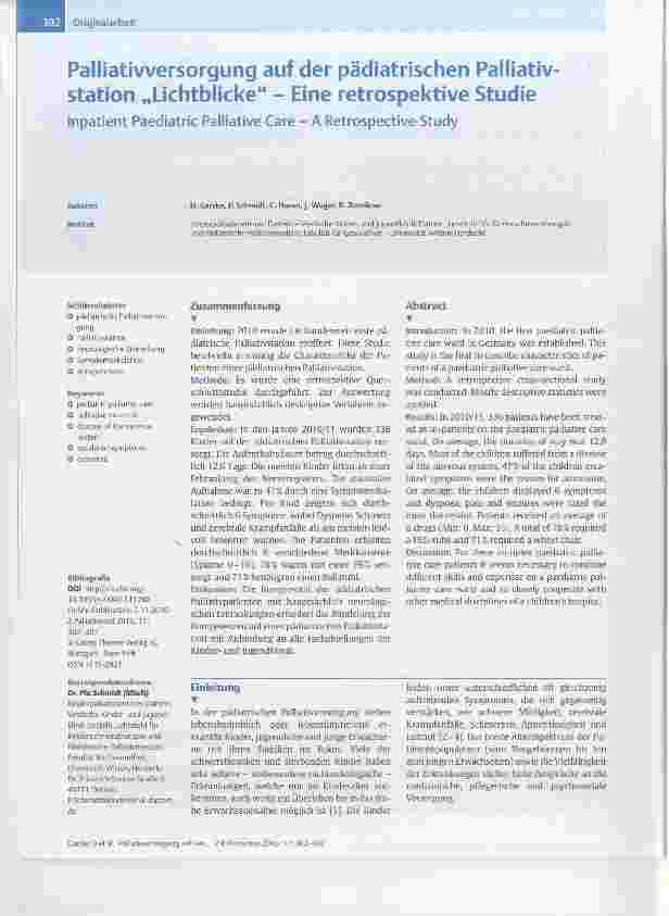 Vorschauseite 1: Palliatiwersorgung auf der pädiatrischen Palliativ-station „Lichtblicke“ Eine retrospektive Studie