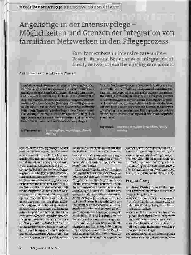 Vorschauseite 1: Angehörige in der Intensivpflege -Möglichkeiten und Grenzen der Integration von familiären Netzwerken in den Pflegeprozess