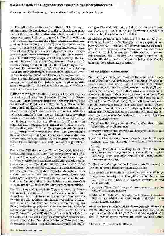 Vorschauseite 1: Neue Befunde zur Diagnose und Therapie der Phenylketonurie Hinweise zur Früherfassung eines stoffwechselbedingten Schwachsinns