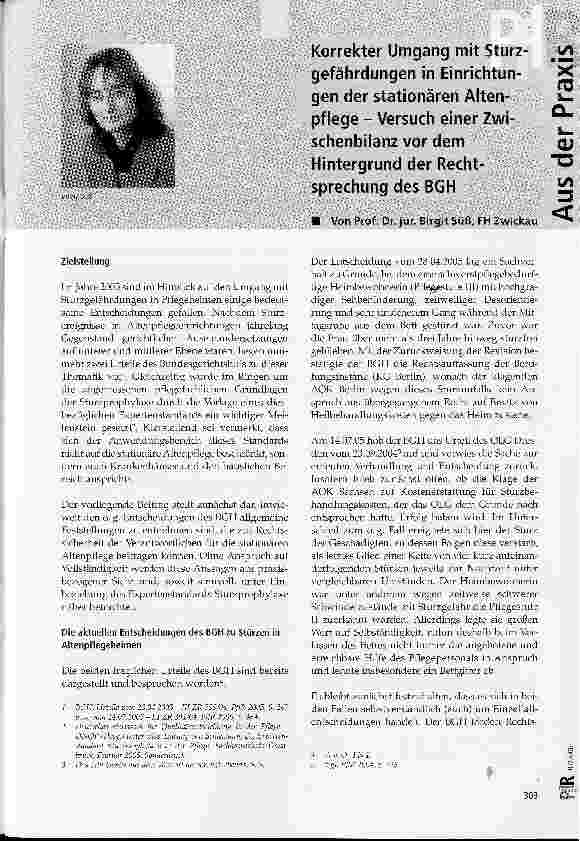 Vorschauseite 1: Korrekter Umgang mit Sturzgefährdungen in Einrichtungen der stationären Altenpflege - Versuch einer Zwischenbilanz vor dem Hintergrund der Rechtsprechung des BGH