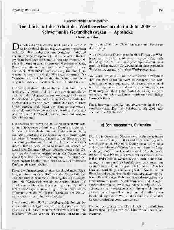 Vorschauseite 1: Rückblick auf die Arbeit der Wettbewerbszentrale im Jahr 2005 Schwerpunkt Gesundheitswesen - Apotheke