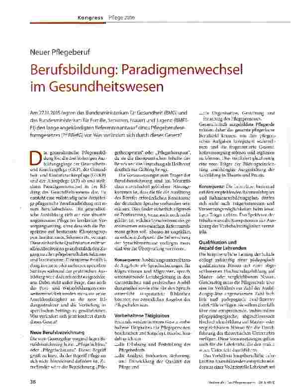 Vorschauseite 1: Neuer Pflegeberuf Berufsbildung: Paradigmenwechsel im Gesundheitswesen