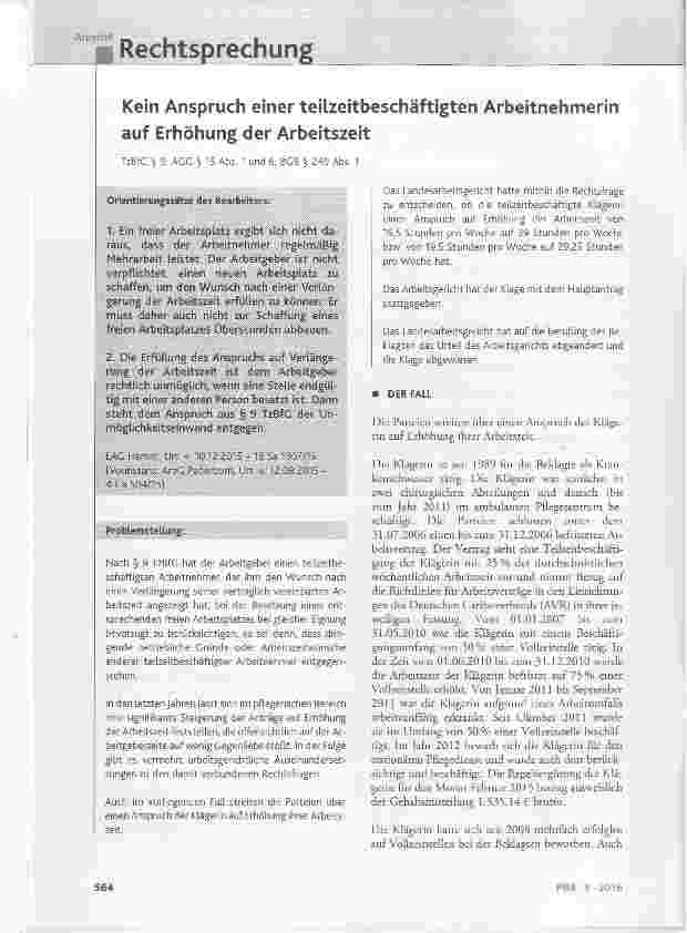 Vorschauseite 1: Kein Anspruch einer teilzeitbeschäftigten Arbeitnehmerin auf Erhöhung der ArbeitszeitTzBfC § 9; AGG § 15 Abs. 1 und 6; BGB § 249 Abs. 1