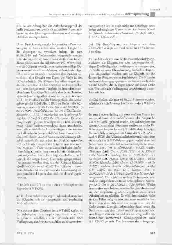 Vorschauseite 4: Kein Anspruch einer teilzeitbeschäftigten Arbeitnehmerin auf Erhöhung der ArbeitszeitTzBfC § 9; AGG § 15 Abs. 1 und 6; BGB § 249 Abs. 1