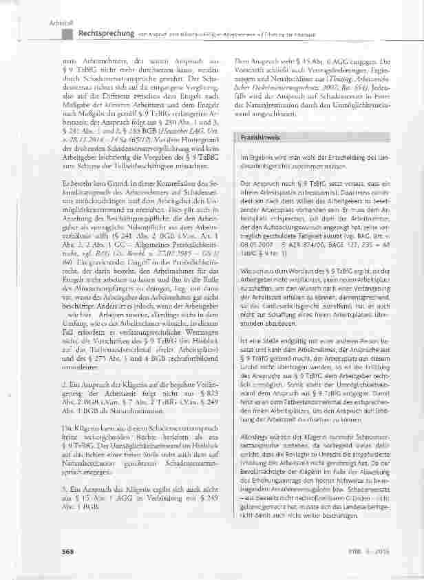 Vorschauseite 5: Kein Anspruch einer teilzeitbeschäftigten Arbeitnehmerin auf Erhöhung der ArbeitszeitTzBfC § 9; AGG § 15 Abs. 1 und 6; BGB § 249 Abs. 1