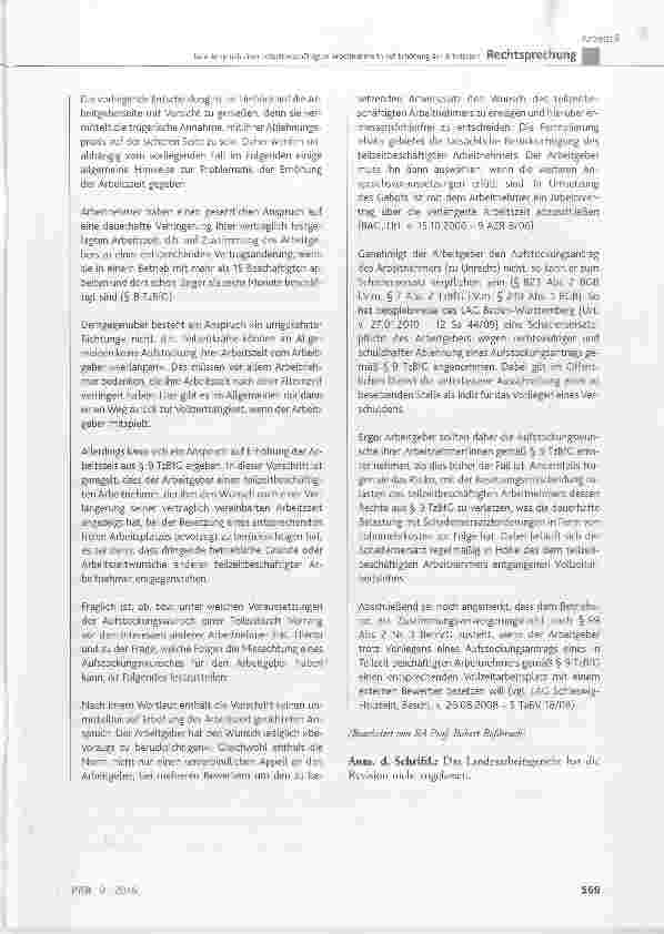 Vorschauseite 6: Kein Anspruch einer teilzeitbeschäftigten Arbeitnehmerin auf Erhöhung der ArbeitszeitTzBfC § 9; AGG § 15 Abs. 1 und 6; BGB § 249 Abs. 1