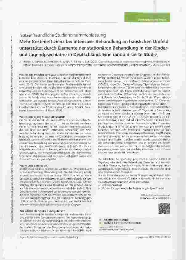 Vorschauseite 1: Mehr Kosteneffizienz bei intensiver Behandlung im häuslichen Umfeld unterstützt durch Elemente der stationären Behandlung in der Kinderund Jugendpsychiatrie in Deutschland. Eine r…
