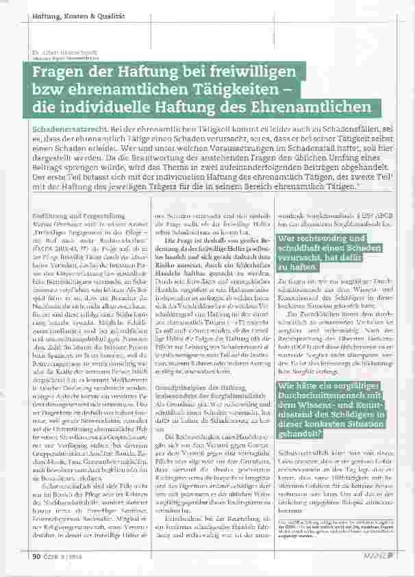 Vorschauseite 1: Fragen der Haftung bei freiwilligen bzw ehrenamtlichen Tätigkeiten die individuelle Haftung des Ehrenamtlichen