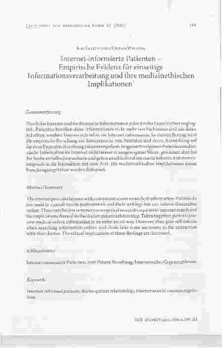 Vorschauseite 1: Internet-informierte Patienten Empirische Evidenz für einseitige Informationsverarbeitung und ihre medizinethischen Implikationen