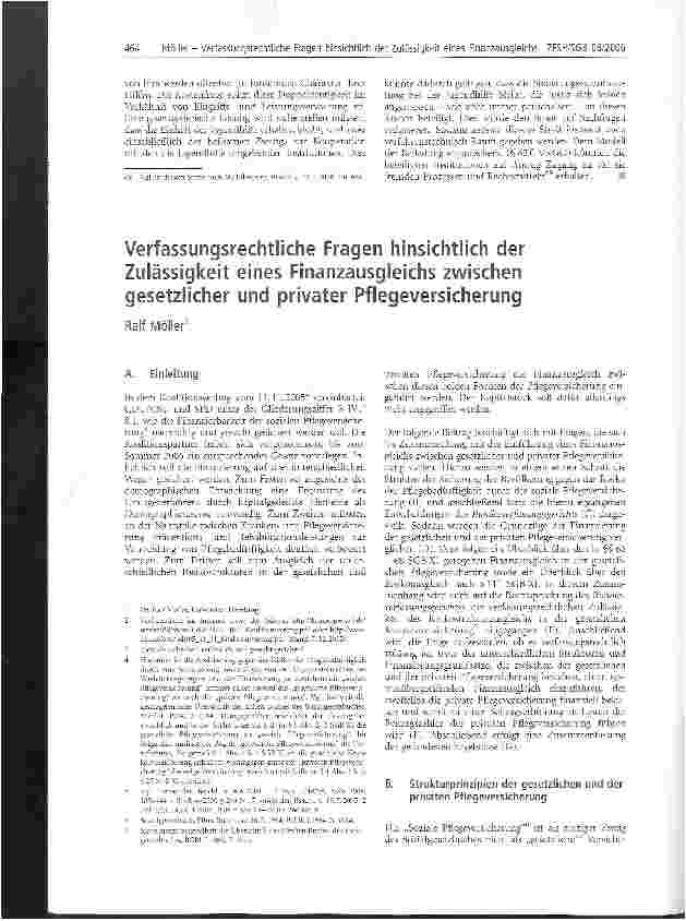 Vorschauseite 1: Verfassungsrechtliche Fragen hinsichtlich der Zulässigkeit eines Finanzausgleichs zwischen gesetzlicher und privater Pflegeversicherung