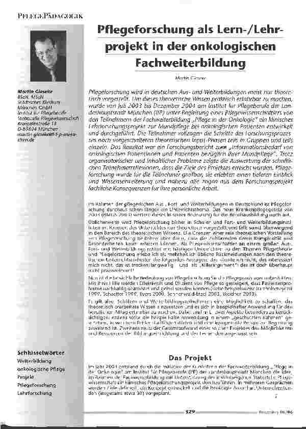 Vorschauseite 1: Pflegeforschung als Lern-/Lehr-projekt in der onkologischen Fachweiterbildung