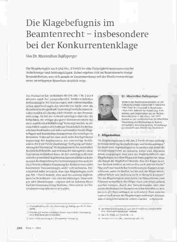 Vorschauseite 1: Die Klagebefagnis im Beamtenrecht - insbesondere bei der Konkurrentenklage
