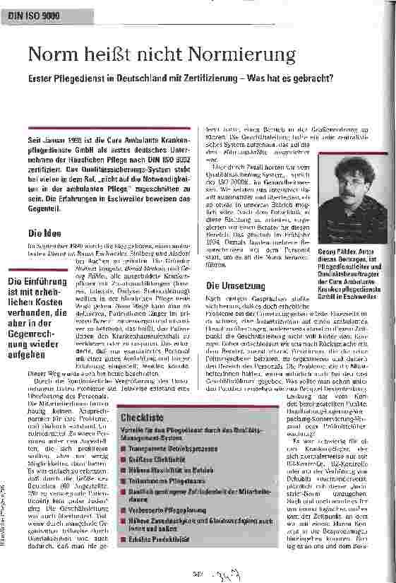 Vorschauseite 1: Norm heißt nicht Normierung Erster Pflegedienst in Deutschland mit Zertifizierung - Was hat es gebracht?
