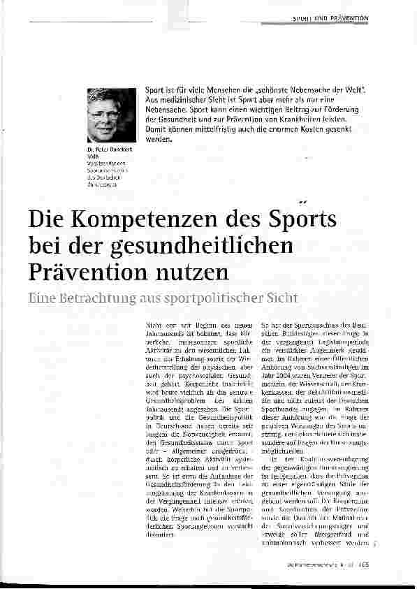 Vorschauseite 1: Die Kompetenzen des Sports bei der gesundheitlichen Prävention nutzen Eine Betrachtung aus sportpolitischer Sicht
