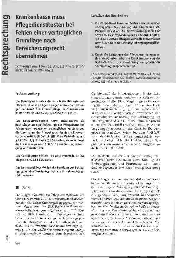 Vorschauseite 1: Krankenkasse muss Pflegedienstkosten bei Fehlen einer vertraglichen Grundlage nach Bereicherungsrecht übernehmen