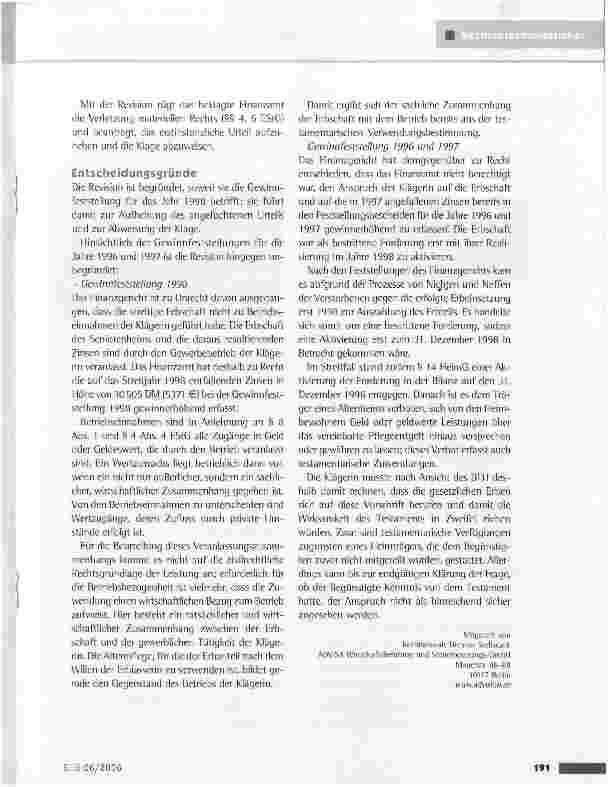 Vorschauseite 2: Erbschaft zugunsten eines AltenheimtragersBFH vom 14.3.2006 (V1I1 R 60/03)