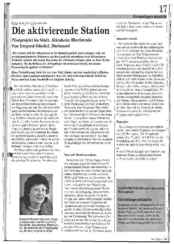 Vorschauseite 1: Die aktivierende Station Pilotprojekt im Städt. Altenheim Ebertstraße