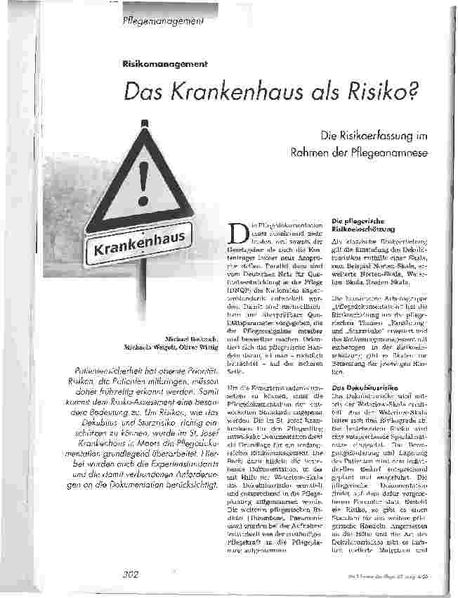 Vorschauseite 1: Das Krankenhaus als Risiko? Die Risikoerfassung im Rahmen der Pflegeanamnese