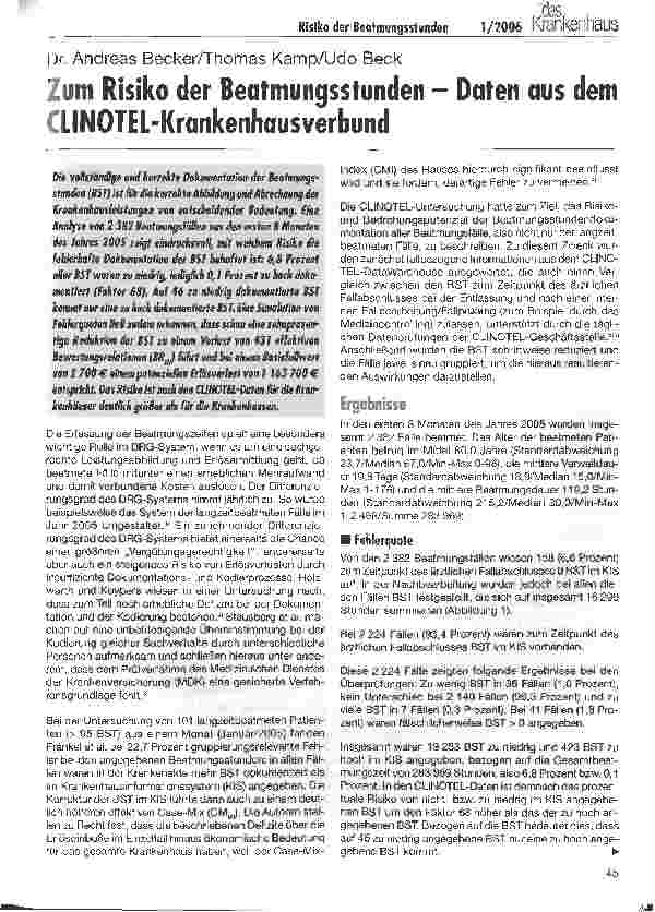 Vorschauseite 1: Zum Risiko der Beatmungsstunden - Daten aus dem CLINOTEL-Krankenhausverbund