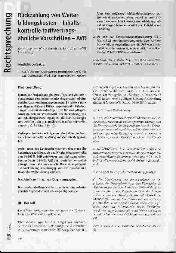 Vorschauseite 1: Rückzahlung von Weiterbildungskosten - Inhaltskontrolle tarifvertragsähnliche Vorschriften - AVR