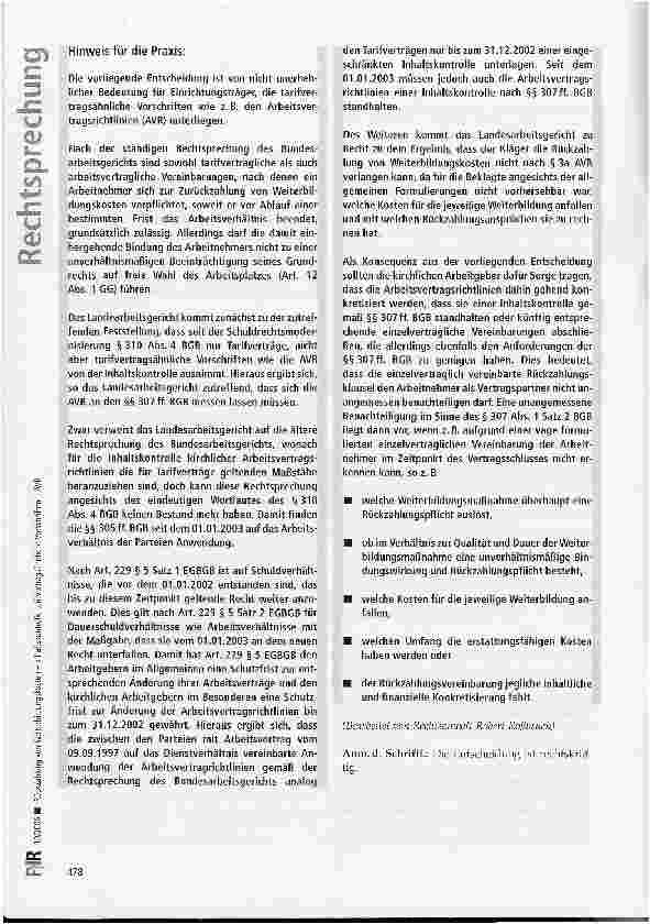 Vorschauseite 5: Rückzahlung von Weiterbildungskosten - Inhaltskontrolle tarifvertragsähnliche Vorschriften - AVR
