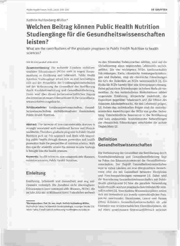 Vorschauseite 1: Welchen Beitrag können Public Health Nutrition Studiengänge für die Gesundheitswissenschaften leisten?