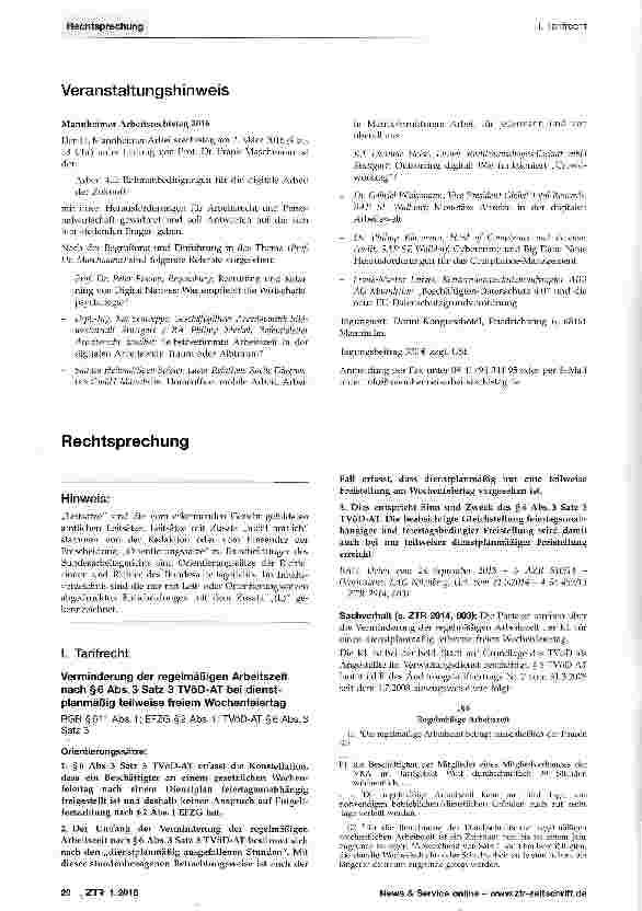 Vorschauseite 1: Verminderung der regelmäßigen Arbeitszeit nach §6 Abs. 3 Satz 3 TVöD-AT bei dienstplanmäßig teilweise freiem Wochenfeiertag BGB § 611 Abs. 1; EFZG § 2 Abs. 1; TVöD-AT § 6 Abs. 3 S…
