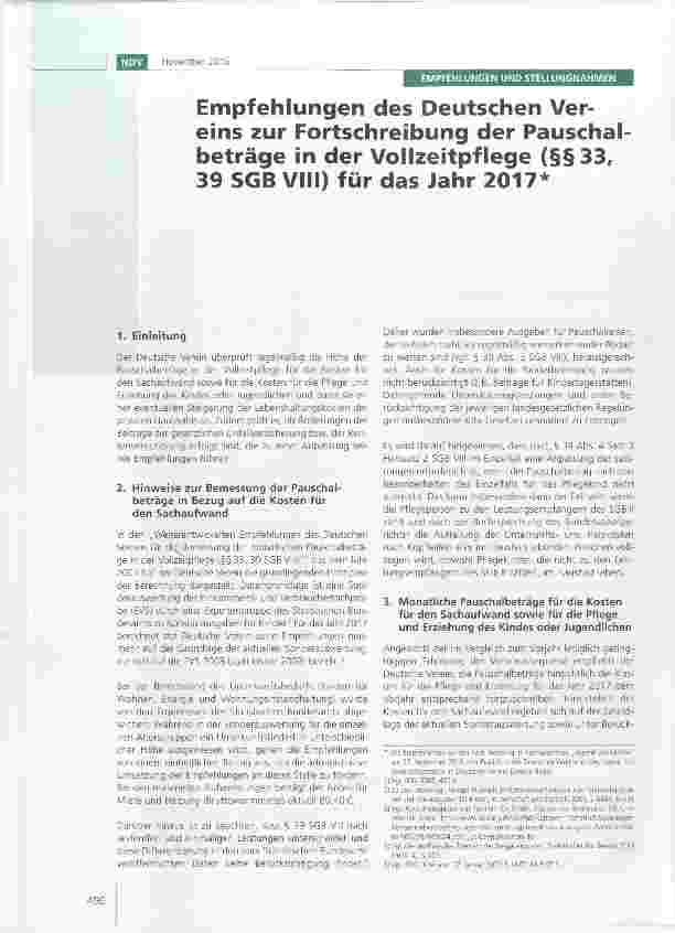 Vorschauseite 1: Empfehlungen des Deutschen Vereins zur Fortschreibung der Pauschalbetrage in der Vollzeitpflege (§§33, 39 SGB VIII) für das Jahr 2017