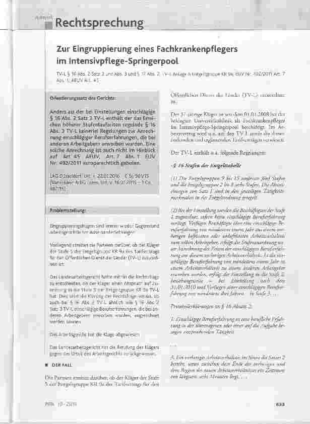 Vorschauseite 1: Zur Eingruppierung eines Fachkrankenpflegers im Intensivpflege-Springerpool