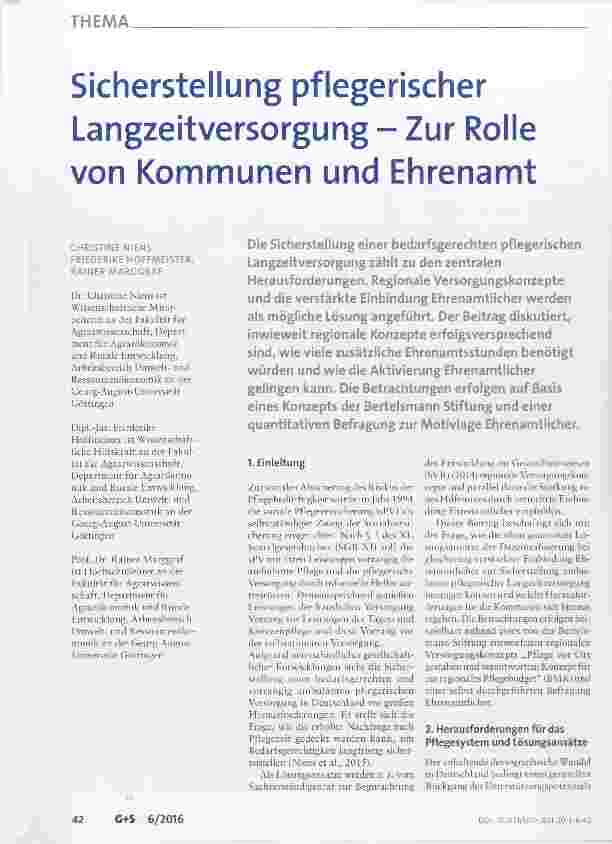 Vorschauseite 1: Sicherstellung pflegerischer Langzeitversorgung Zur Rolle von Kommunen und Ehrenamt