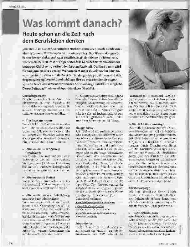 Vorschauseite 1: Was kommt danach? Heute schon an die Zeit nach dem Berufsleben denken