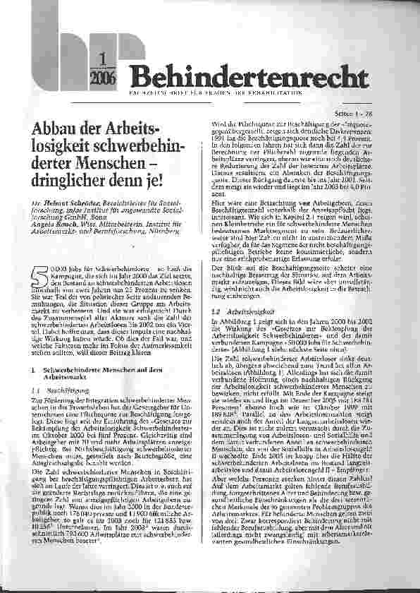 Vorschauseite 1: Abbau der Arbeitslosigkeit schwerbehinderter Menschen -dringlicher denn je!