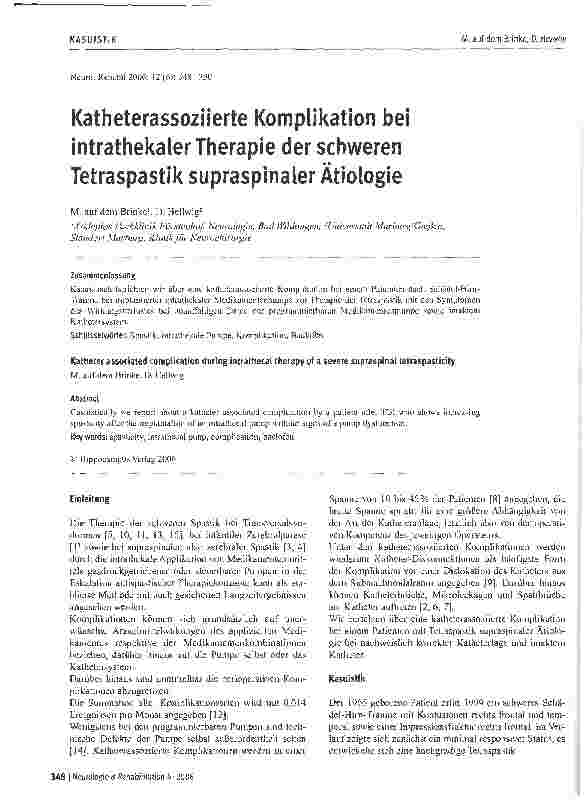 Vorschauseite 1: Katheterassoziierte Komplikation bei intrathekaler Therapie der schweren Tetraspastik supraspinaler Ätiologie