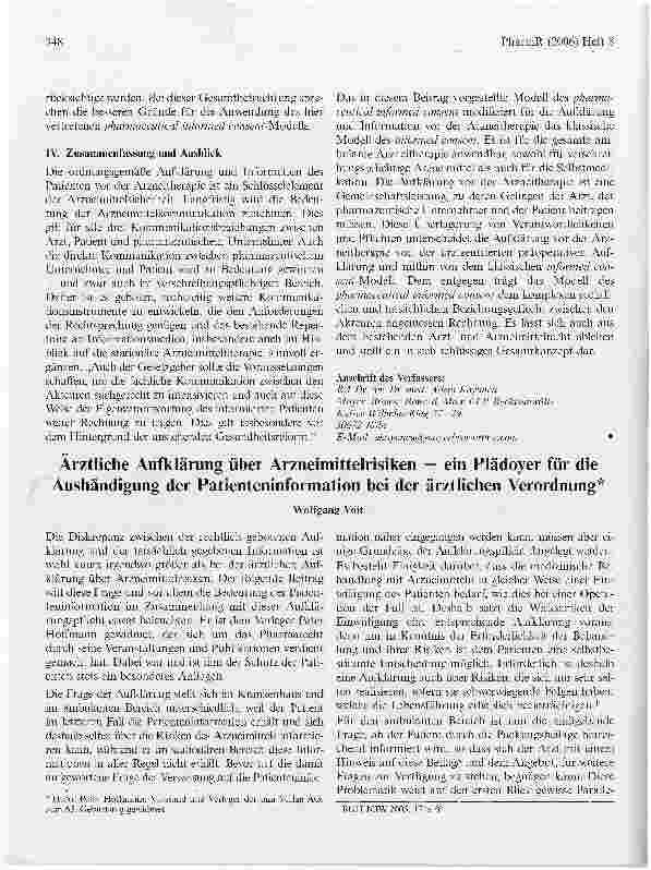 Vorschauseite 1: Arztliche Aufklärung über Arzneimittelrisiken - ein Plädoyer für die Aushändigung der Patienteninformation bei der ärztlichen Verordnung