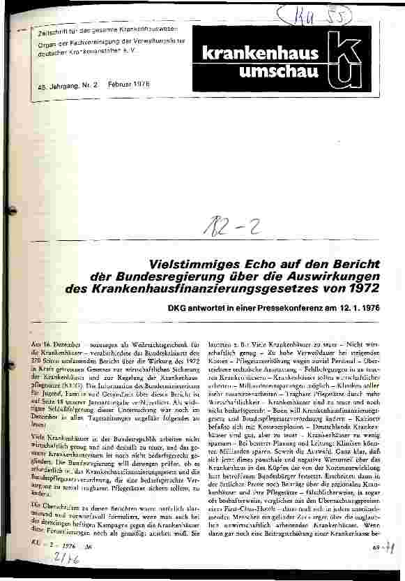 Vorschauseite 1: Vielstimmiges Echo auf den Bericht der Bundesregierung über die Auswirkungen des Krankenhausfinanzierungsgesetzes von 1972