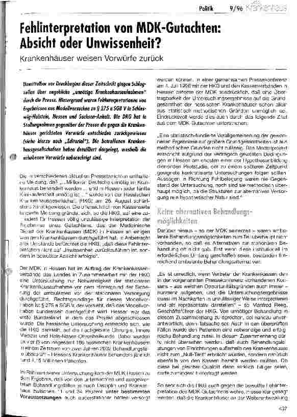 Vorschauseite 1: Fehlinterpretation von MDK-Gutachten: Absicht oder Unwissen? Krankenhäuser weisen Vorwürfe zurück